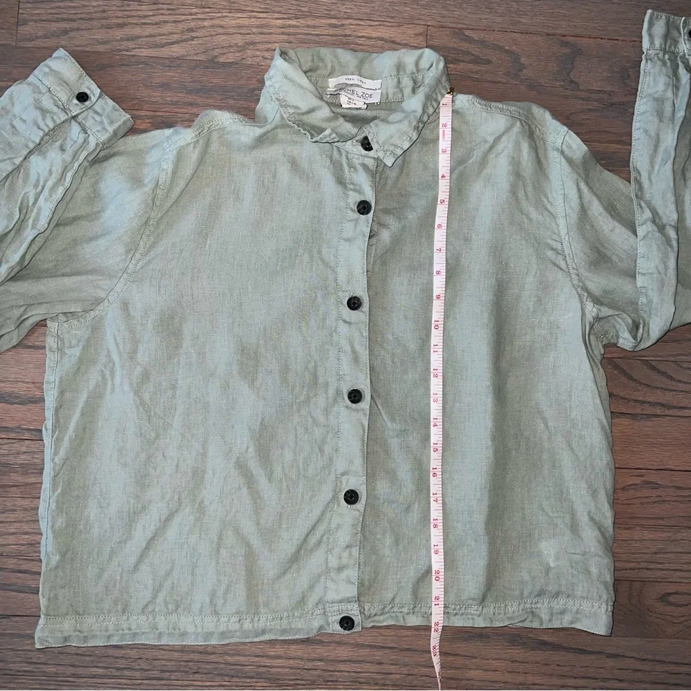 100% Linen Green Long Sleeve Button Down Shirt Fisherman Jacket Large Cabincore - Picture 7 of 7
